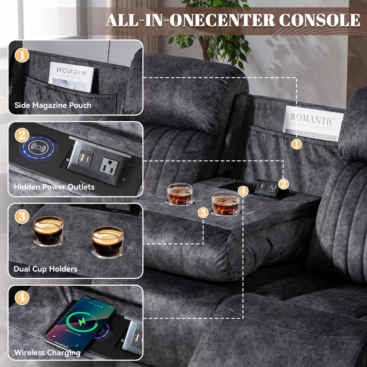 Zero Gravity Power Recliner Sofa Couch – Electric Reclining Sofa with Drop Down Table & Wireless Charging, 3 Seater Dual Reclining Couch with Adjustable Headrests for Living Room (Velvet, Grey) CALIVIA