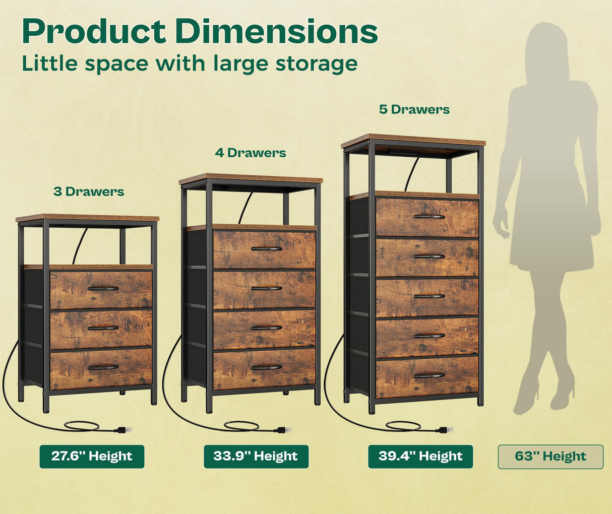 Huuger Night Stand with Charging Station, 4 Drawer Dresser for Bedroom, Bedside Table, 33.9 Inch Tall Nightstand with Open Shelf, End Table, for Closet, Entryway, Bedroom, Rustic Brown Huuger