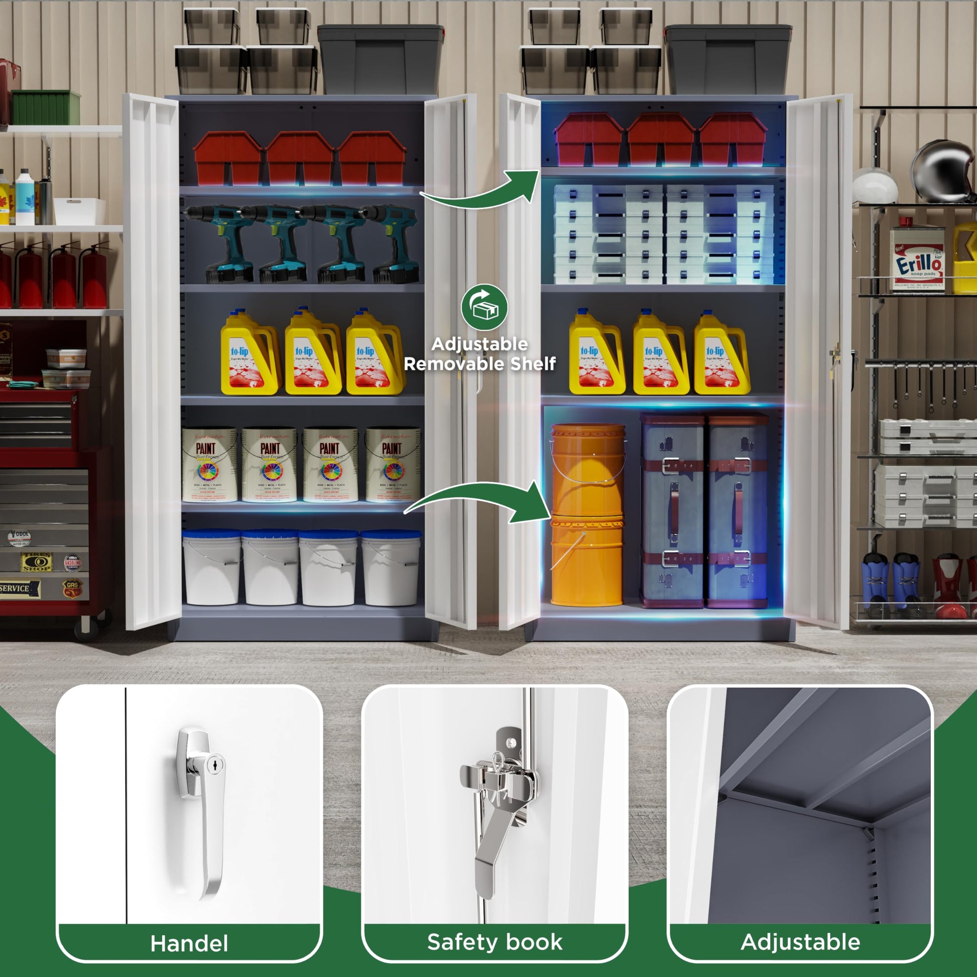 Greenvelly Metal Garage Storage Cabinet, 72”Locking Steel Storage Cabinet with 2 Doors and 4 Adjustable Shelves, Metal Tool Cabinets, Metal File Cabinet with Lock for Home Office, School(Gray - WoodArtSupply