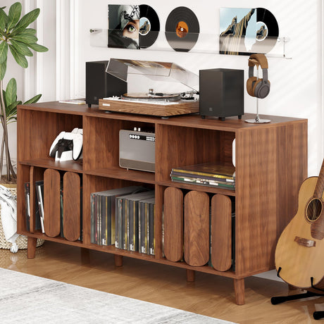 55'' Large Record Player Stand with Charging Station - Vinyl Record Storage Cabinet with 2 USB Ports, Open Shelves & Turntable Holder, Mid-Century Modern Wood TV Media Console for Living Room Mochalight