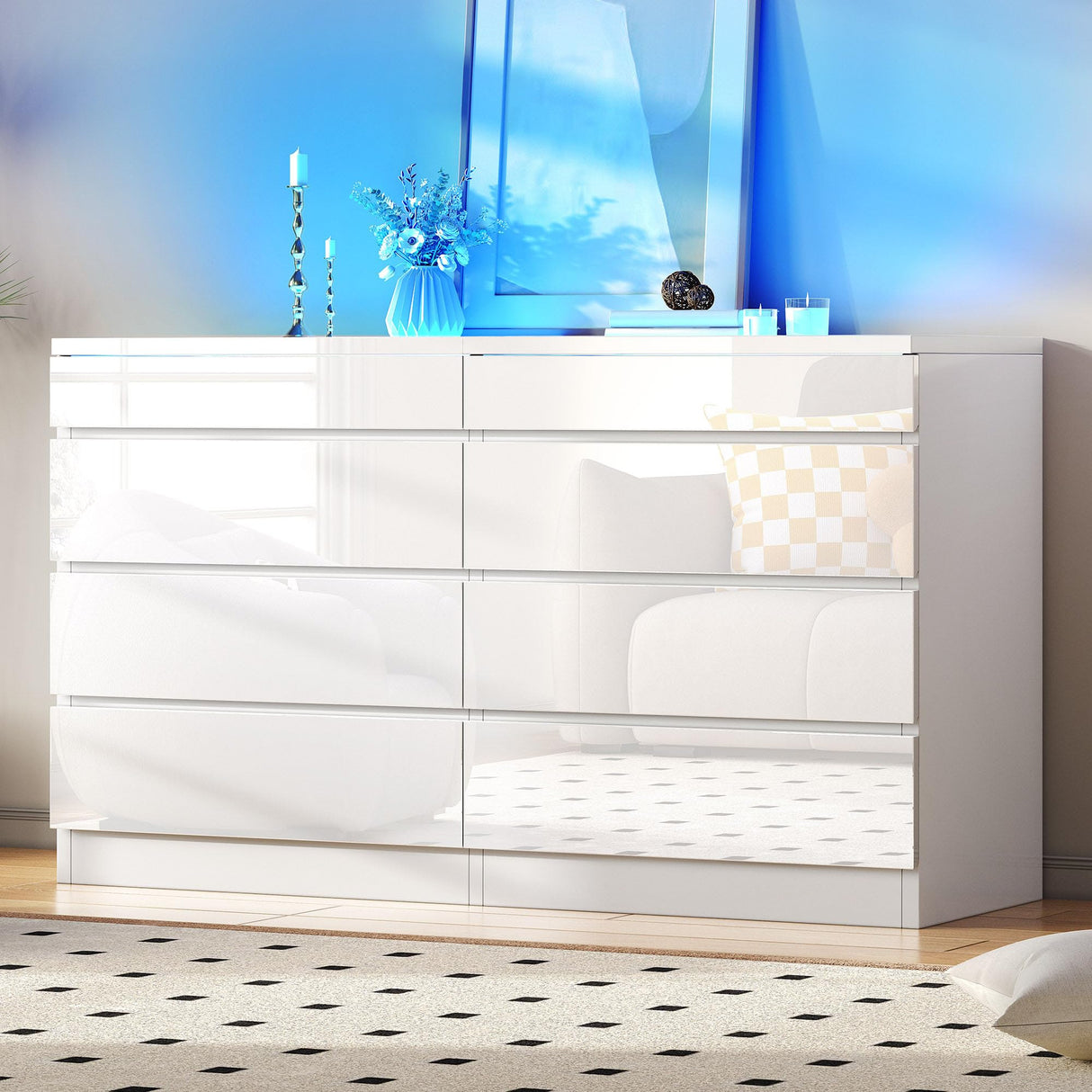 DWVO 8 Drawer LED Dresser, White Modern Chest of Drawers with Deep Storage, Tempered Glass Top & High-Gloss Finish, Stylish Organizer Cabinet for Living Room, Office Spaces DWVO