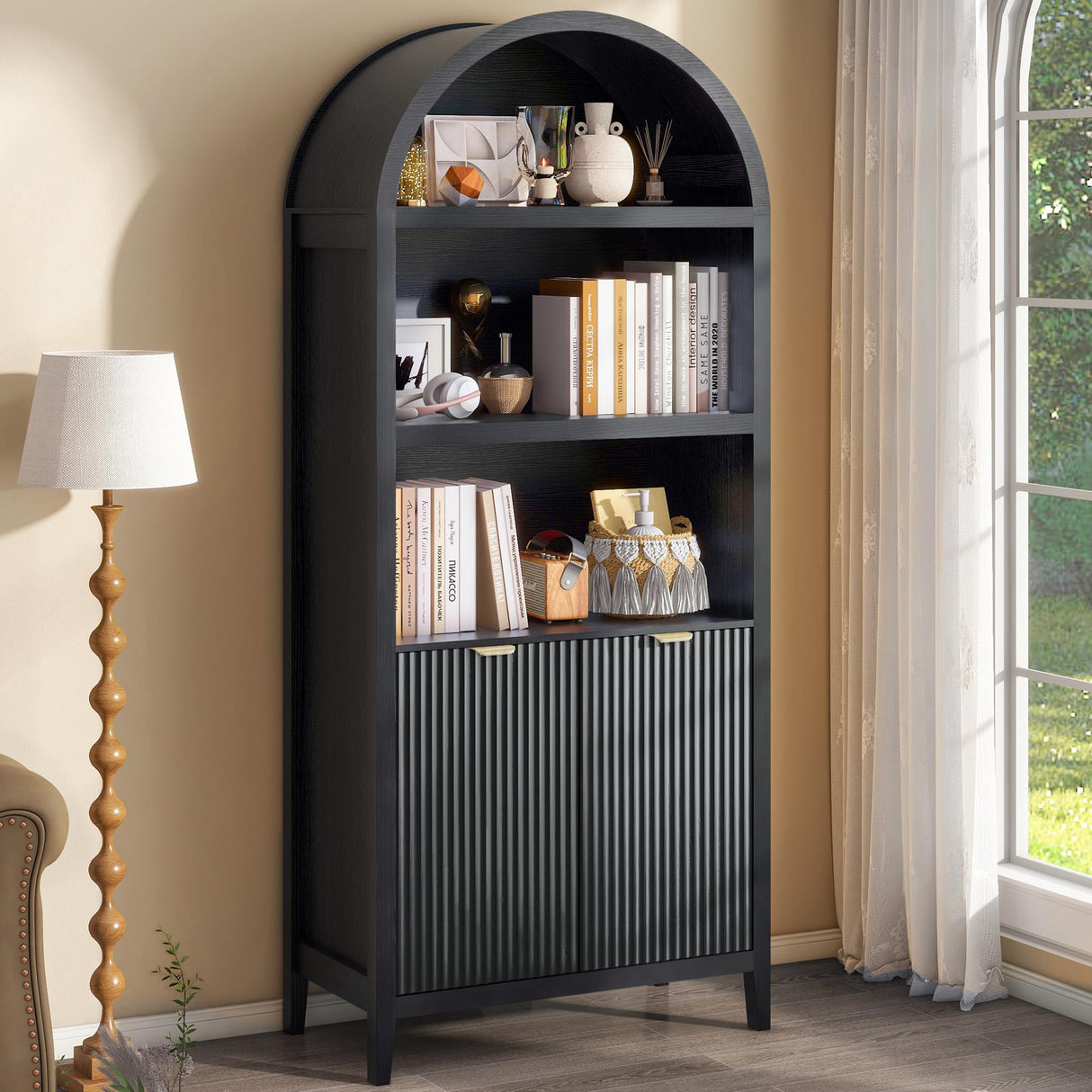 LYNCOHOME 71 Inch Fluted Arched Cabinet with Doors, Tall Storage Cabinet, Oak Wood Finish, Adjustable Shelves, Arched Bookcase for Dining Room,Kitchen（Black） LYNCOHOME