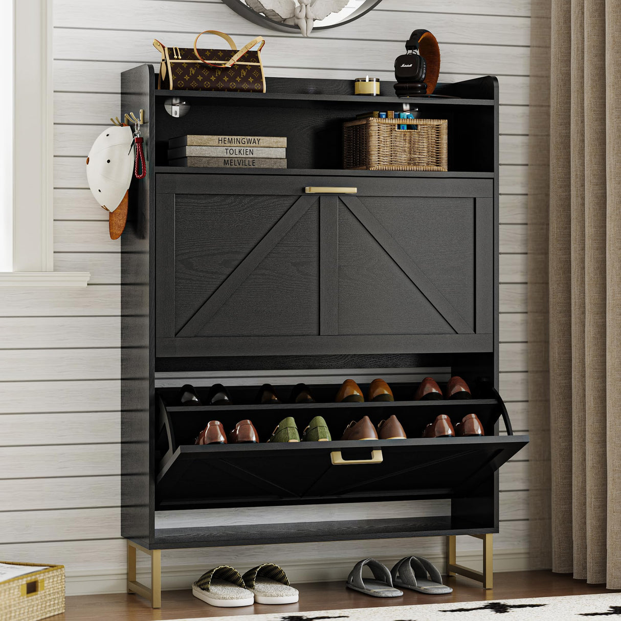 BORNOON Shoe Cabinet with 2 Flip Drawers Narrow Shoe Storage Cabinet Organizer Wooden Freestanding Rack Hidden Slim Storage for Entryway, Hallway, Living Room, Bedroom (Black) BORNOON