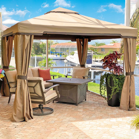 SUNCROWN 10 x 10 FT Outdoor Gazebo for Patio Iron Frame Garden Permanent Gazebo with Vented Soft Canopy and Mosquito Netting, Khaki SUNCROWN