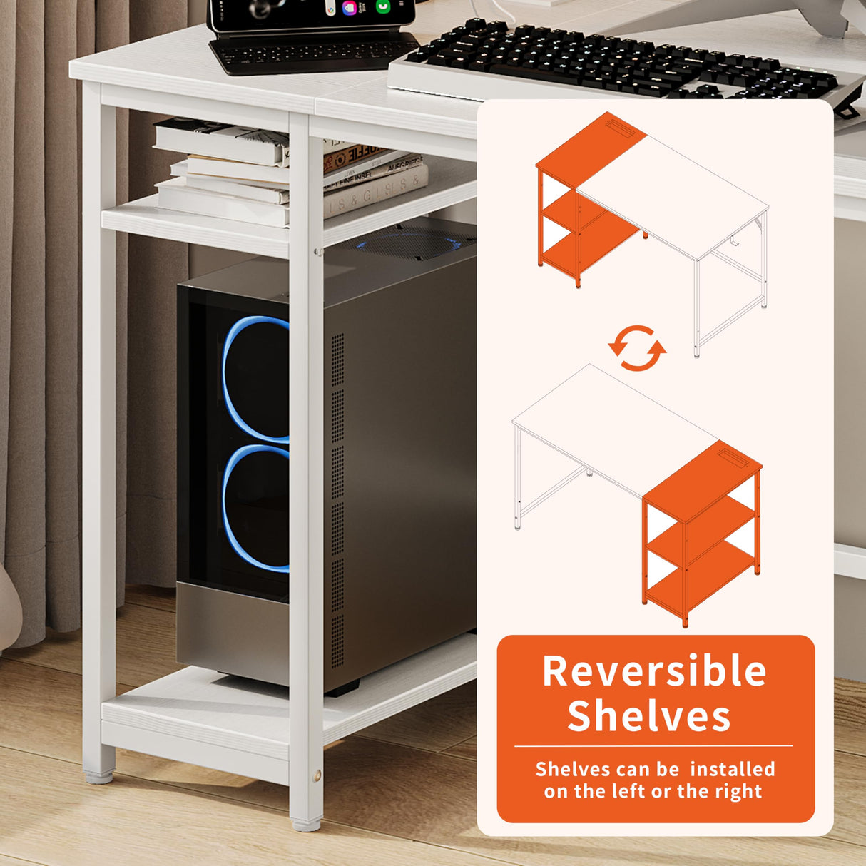 JOISCOPE Computer Desk with USB & Type-C Outlet, Home Office Desk with 2-Tier Storage Shelves, Modern Gaming Desktop Workstation, 60 inches, White JOISCOPE