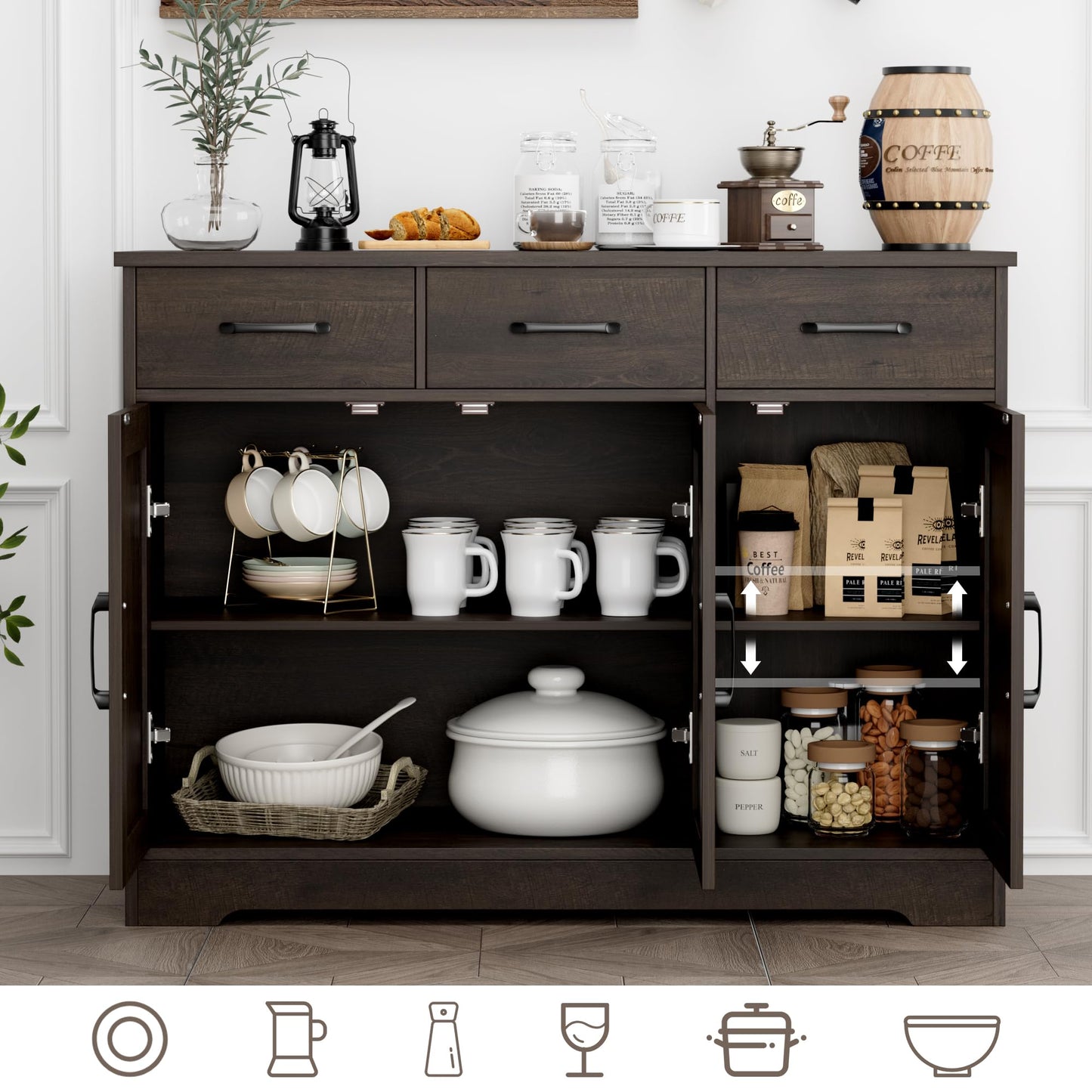 HOSTACK Modern Farmhouse Buffet Sideboard Cabinet, Barn Doors Storage Cabinet with Drawers and Shelves, Wood Coffee Bar Cabinet with Storage for Dining Room, Kitchen, Living Room, Dark Brown - WoodArtSupply