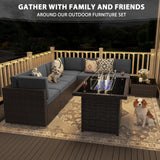 Vakollia 8 Pieces Patio Furniture Set with 44" Propane Gas Fire Pit Table, Outdoor Sectional Brown Rattan Wicker Conversation Sofa Sets with Coffee Table Vakollia