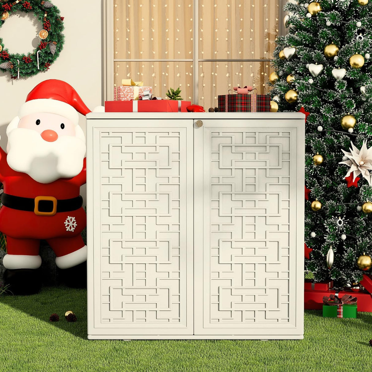 ZZM HDPE Outdoor Storage Shed, Outdoor Plastic Storage Cabinet, Horizontal Resin Tool Shed for Garden, All Weather Outdoor Storage Clearance, DIY Usage,Lockable and with one Shelf (White) ZZM