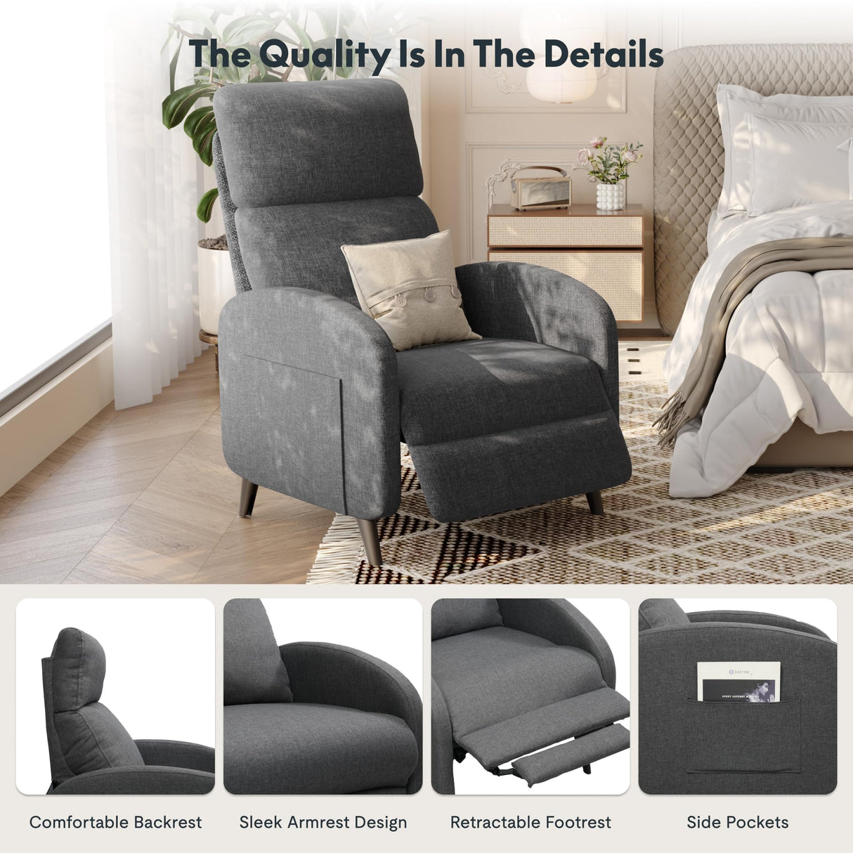 FLEXISPOT XC2 Recliner Chair for Adults, Fabric Small Reclining Chair Home Theater Seating with Side Pockets, Adjustable Modern Single Sofa Armchair, Extended Footrest for Living Room(Gray) FLEXISPOT