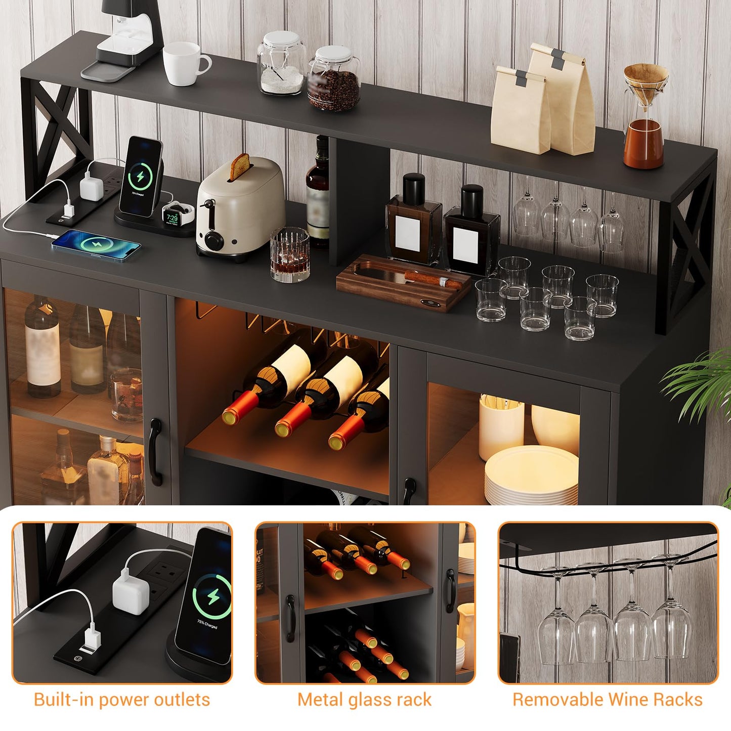 GarveeHome Bar Cabinet for Home, Liquor Cabinet with Power Outlets, Led Lights and and Glass Holder, Wine Cabinet with Storage, Wine Cabinet with Racks for Home, Kitchen Black