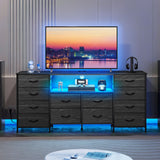 WLIVE 12 Drawer Dresser for Bedroom, Black Dresser TV Stand for 65, 70, 75 inch TV with Led Light & Charging Station, Wide Chest of Drawers with Open Shelves, Fabric Dressers for Closet, Living Room WLIVE