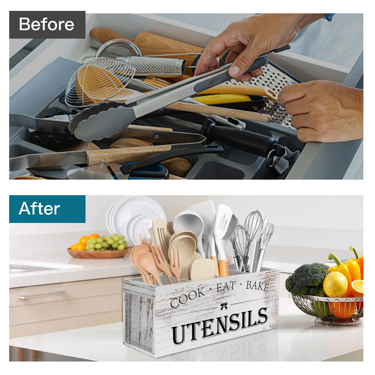 Suli Extra Large Kitchen Utensils Holder with 4 Compartments, Wooden Utensil Organizer for Kitchen Countertop, Farmhouse Kitchen Decor, Rustic Cooking Utensil - White grain Suli