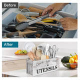 Suli Extra Large Kitchen Utensils Holder with 4 Compartments, Wooden Utensil Organizer for Kitchen Countertop, Farmhouse Kitchen Decor, Rustic Cooking Utensil - White grain Suli