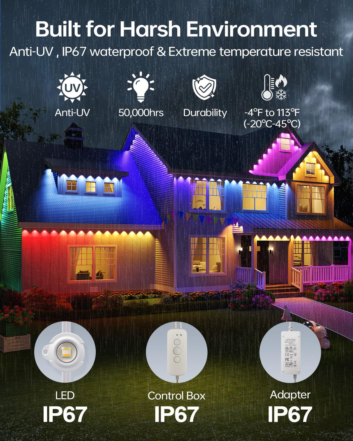 ASAHOM AI Permanent Outdoor Lights S107B, 100FT with 72 RGBCW LED Lights and Dual Output, 30,000 Lighting Effect Combination, IP67 Waterproof for House Halloween Christmas and Daily Decoration, White ASAHOM