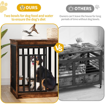 DWVO 47" Large Dog Crate Furniture, Heavy Duty Metal Dog Kennel TV Stand with Sliding Doors, Wooden Dog Cage Table with Dog Bowl for Extra Large Medium Dogs or 2 Small Dogs, Rustic Brown