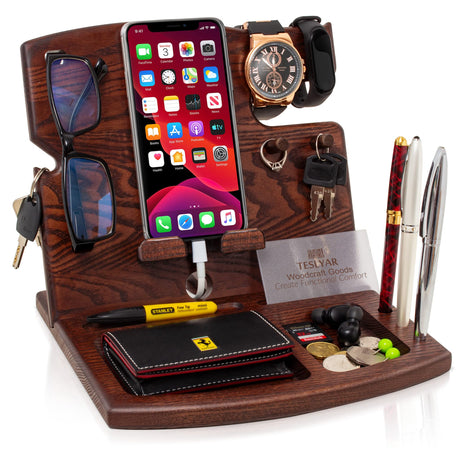 TESLYAR Wood Phone Docking Station Ash Hooks Key Holder Wallet Watch Stand Watch Organizer Men Husband Anniversary Dad Birthday Nightstand Purse Father Graduation Male Travel Gadgets TESLYAR