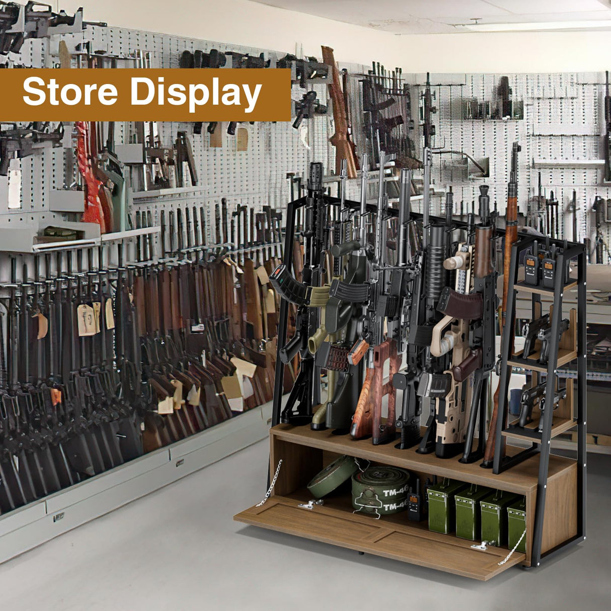 Giluta Gun Rack, Wooden Gun Display Stand with Pistol Rack, Gun Rack Storage Display Floor Standing Shotgun Rack for Home or Garage, Holds up to 10 Long Guns and 4 Handguns Giluta