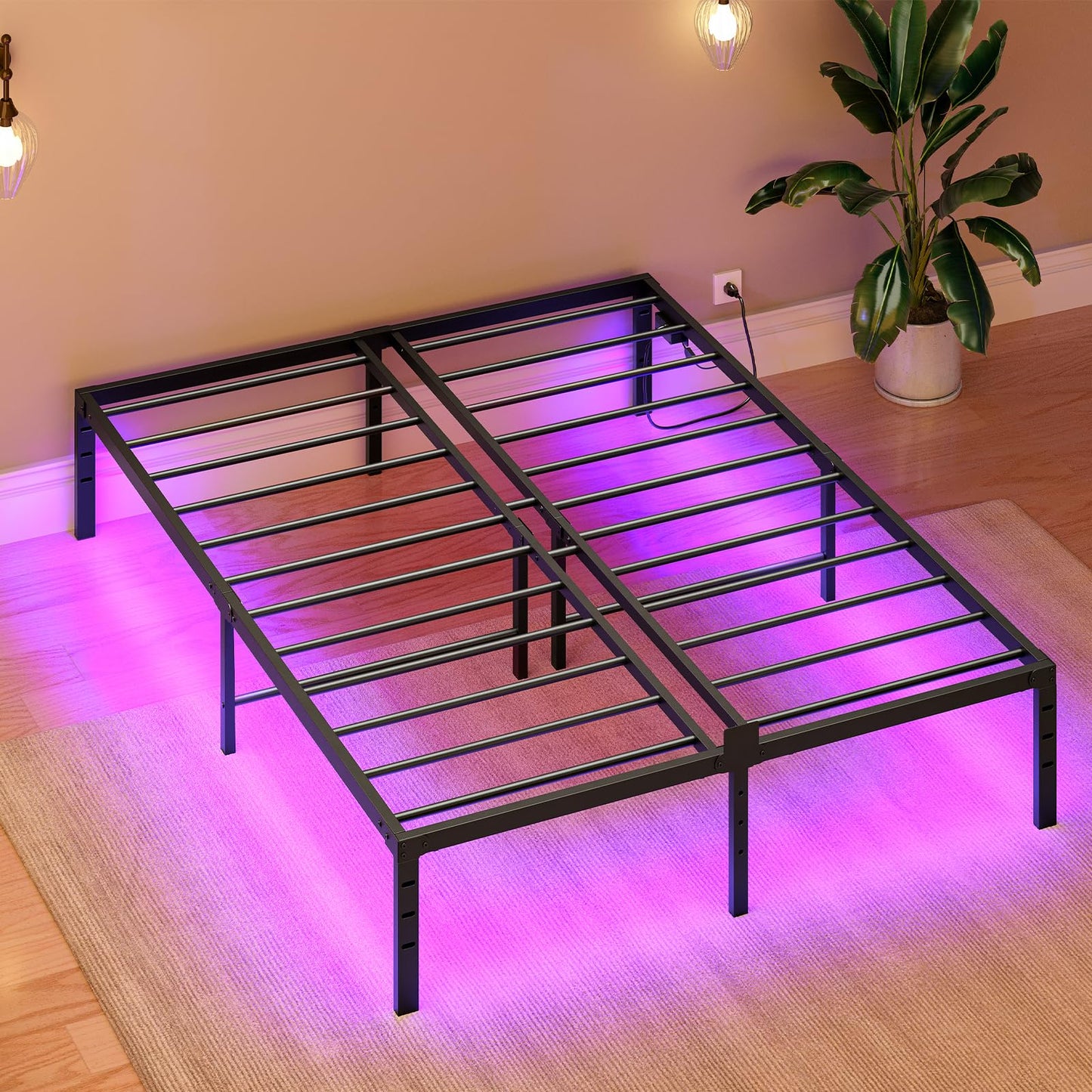 HOOBRO Queen Bed Frame with Smart LED Lights and Integrated Charging Station - WoodArtSupply