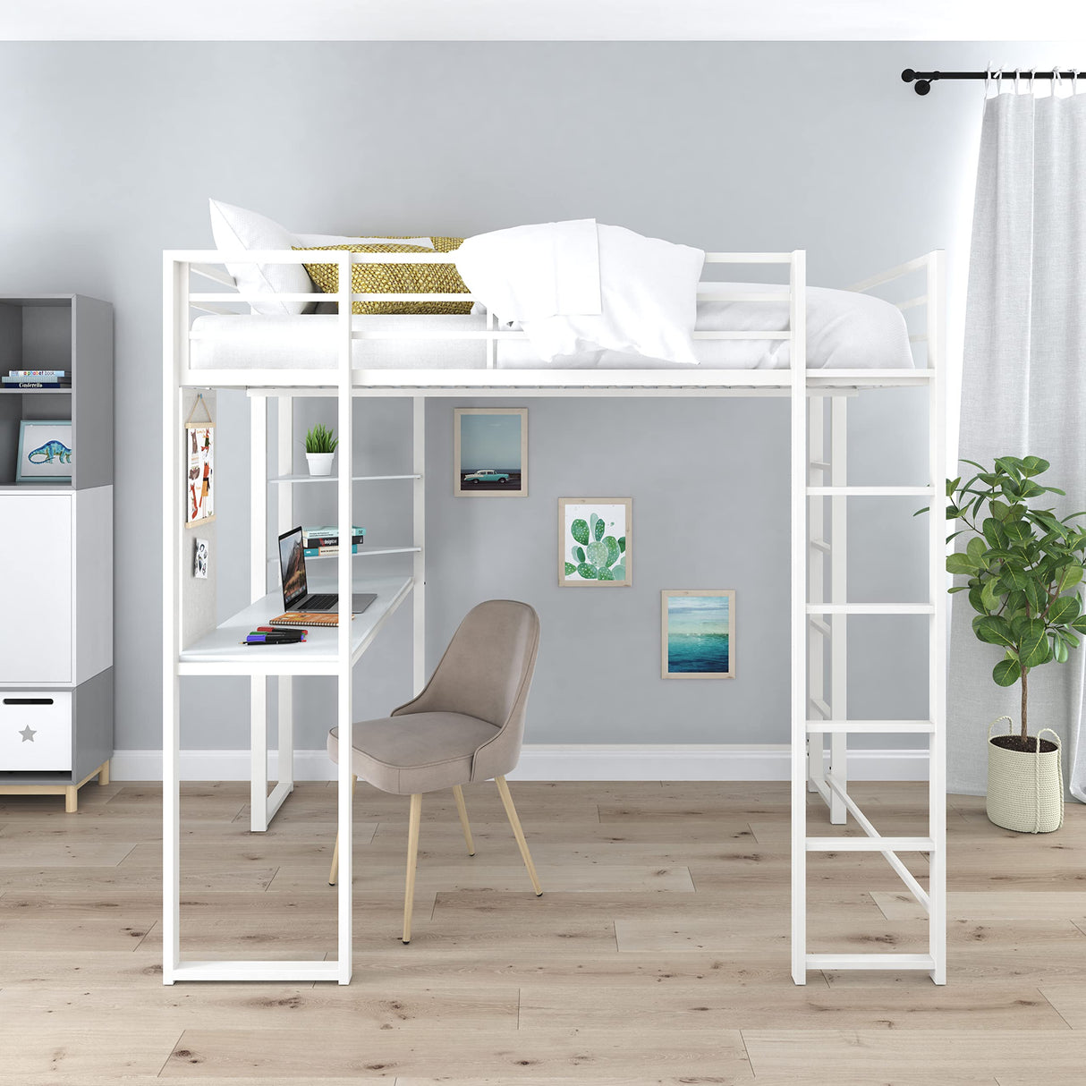 DHP Abode Full Size Metal Loft Bed, Off-White DHP