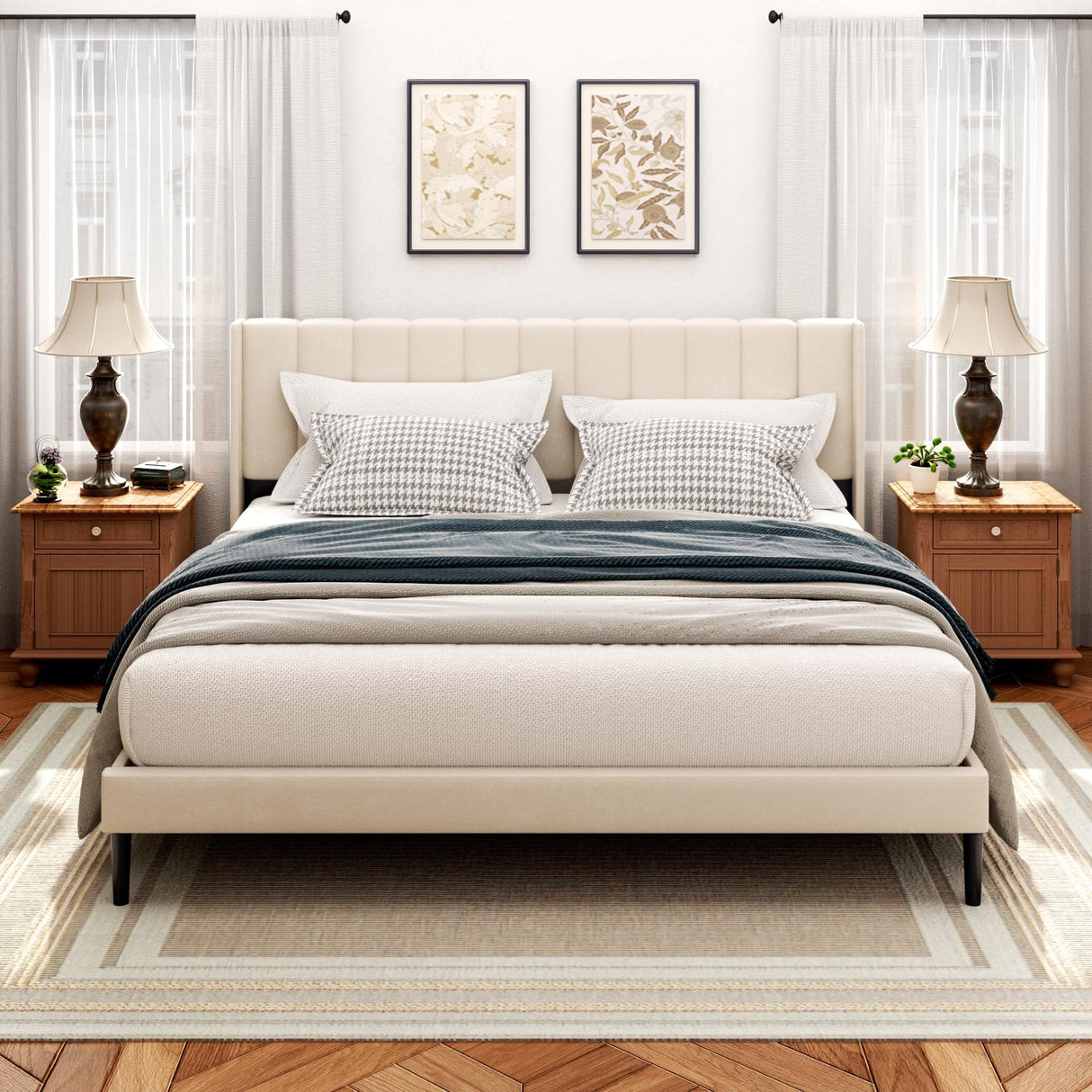 Sismplly King Size Bed Frame and Headboard,Vertical Channel Tufted Wingback No Box Spring Needed, Mattress Foundation, Easy Assembly, Beige Sismplly