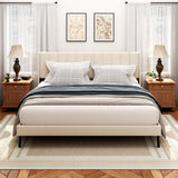 Sismplly King Size Bed Frame and Headboard,Vertical Channel Tufted Wingback No Box Spring Needed, Mattress Foundation, Easy Assembly, Beige Sismplly