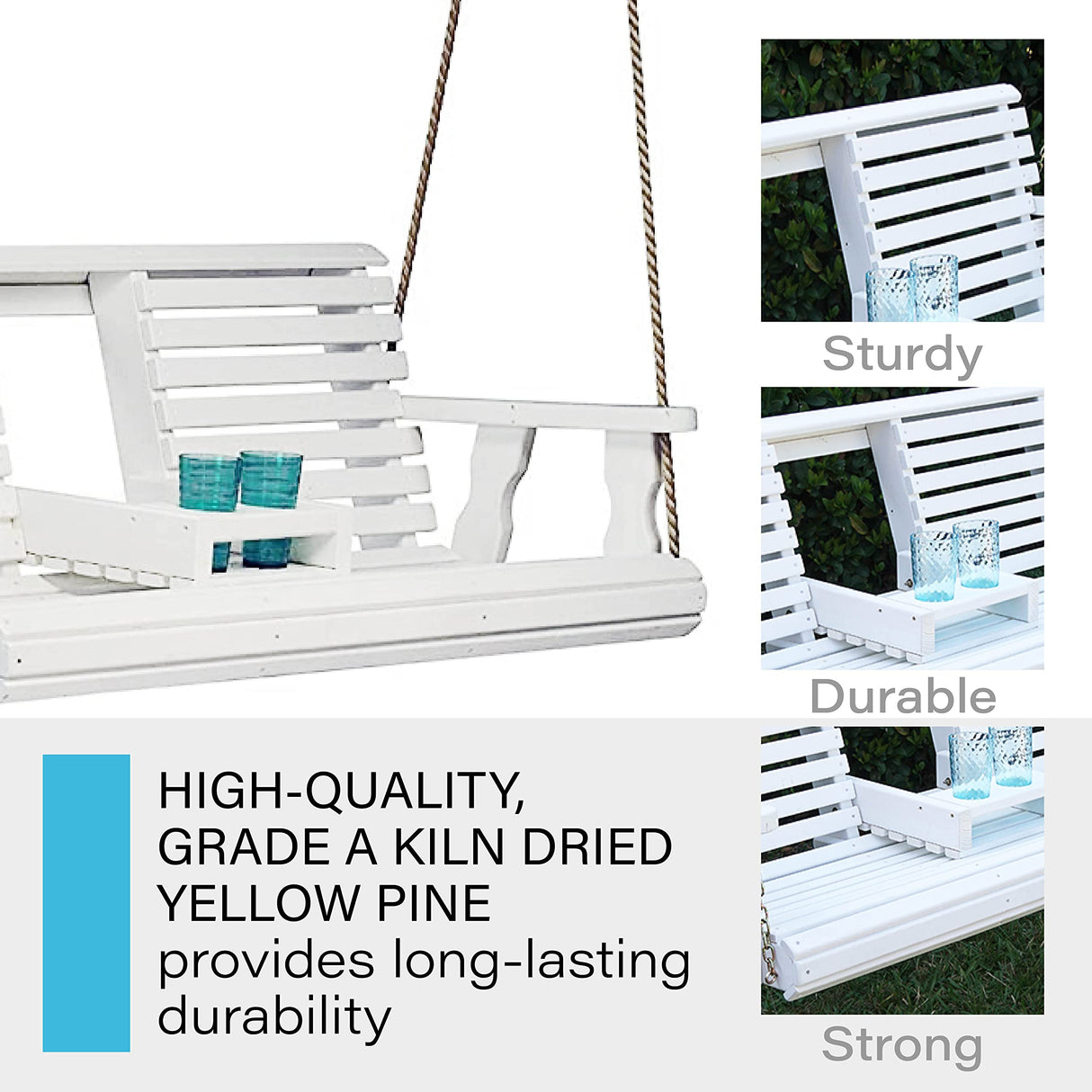 Porchgate Amish Heavy Duty 800 Lb Rollback Console Treated Porch Swing with Hanging Ropes (Semi-Solid White Stain) Porchgate