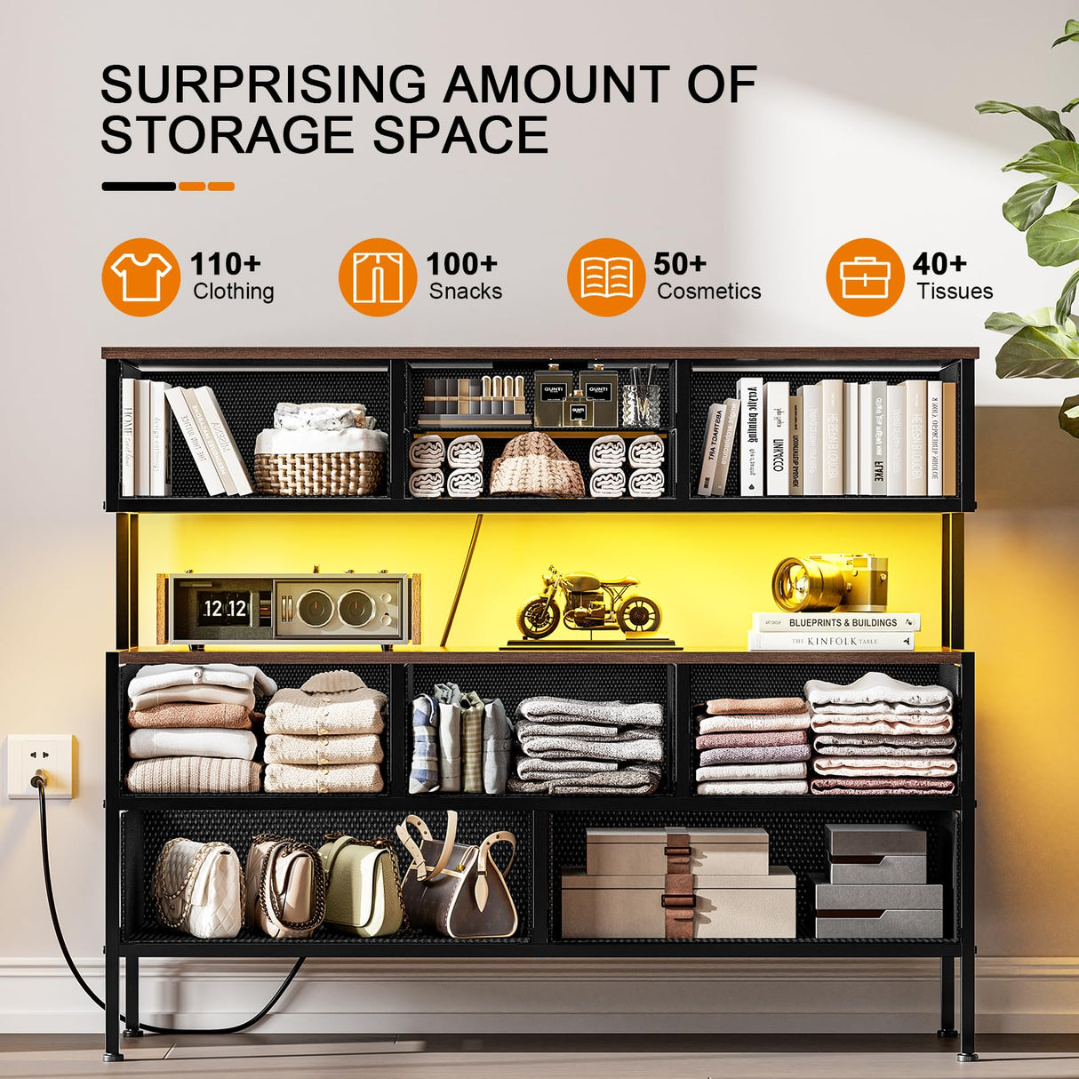 REAHOME Dresser TV Stand with Charging Station and LED Lights, 55” TV Stand with 9 Drawers, Fabric Dresser for Bedroom, Steel Frame, Large Storage Chest of Drawers for Closet, Living Room, Brown REAHOME