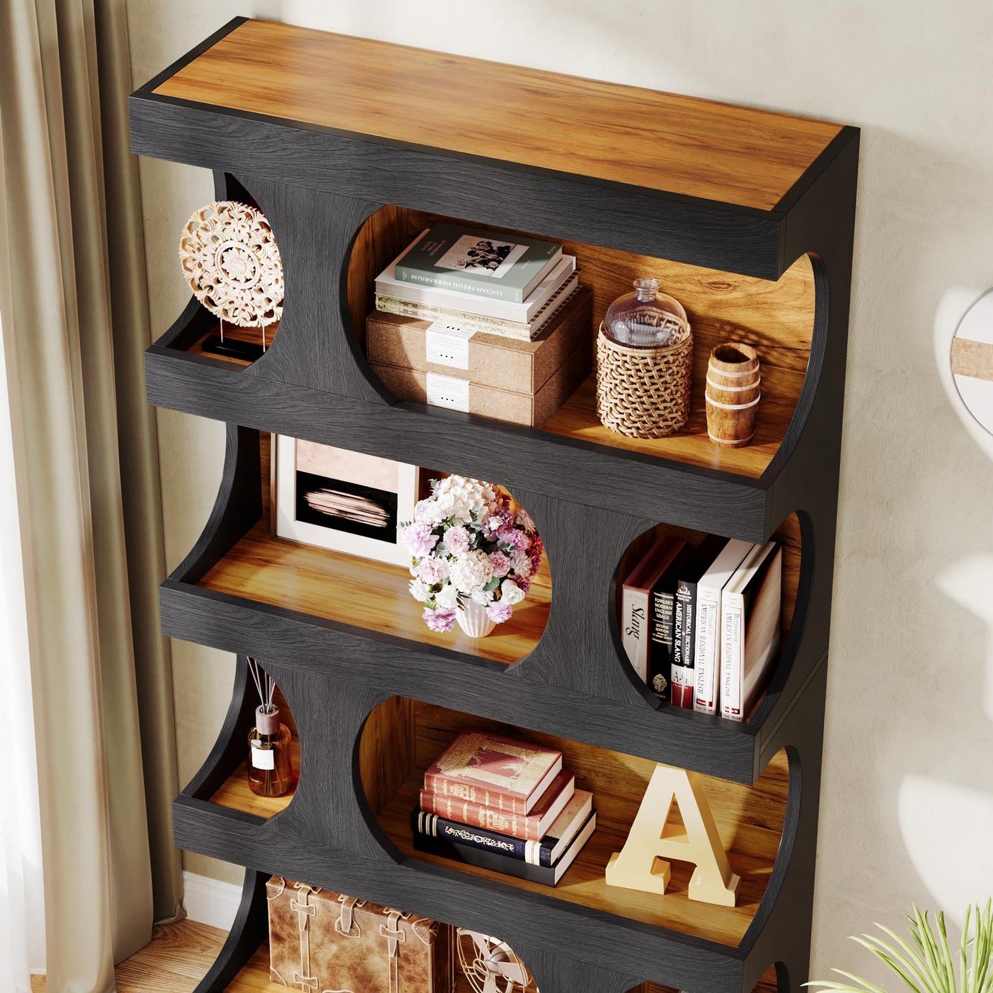 Tribesigns 71" Modern S-Shaped Tall Bookcase – 4-Tier Decorative Storage Shelf in Black - WoodArtSupply