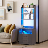 Vlsrka Smart Tall Nightstand with LED Lights and Charging Station - Modern Grey Bedside Table with Bookshelf and Storage Cabinet Vlsrka