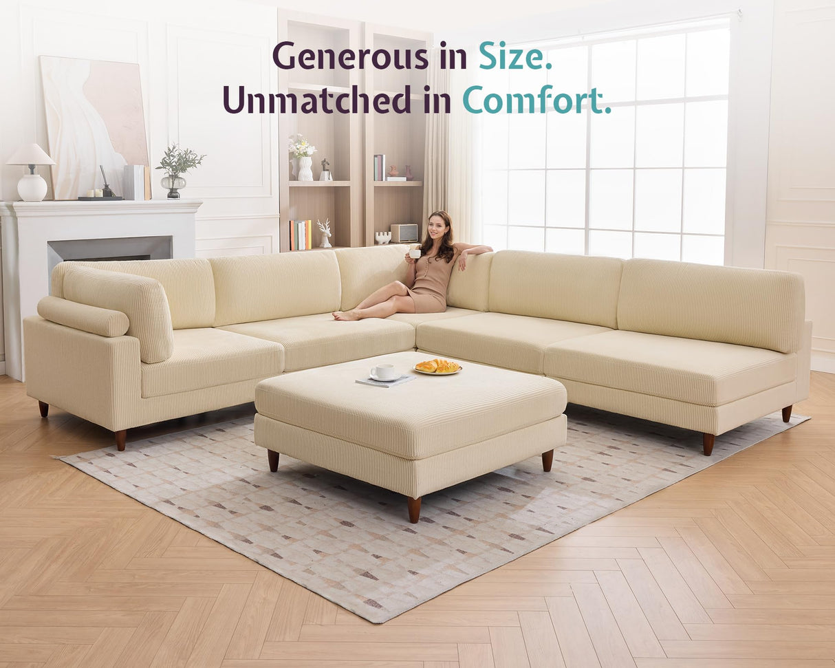Jocisland Modular Sectional Sofa with 44" Extra Deep Seat,Oversized 6-Seater Modular Sofa for Plus-Size & Big Families, Sectional Couch for Living Room, Easy Assembly, Beige Corduroy Jocisland