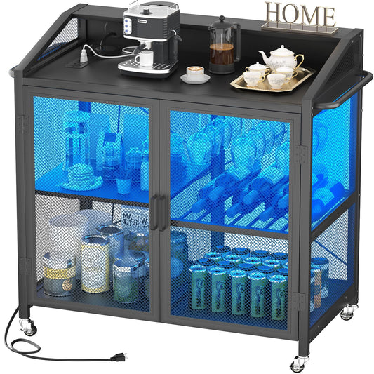 Cyclysio Black Bar Cabinet with LED Lights, Power Outlet, and Storage Solutions - WoodArtSupply