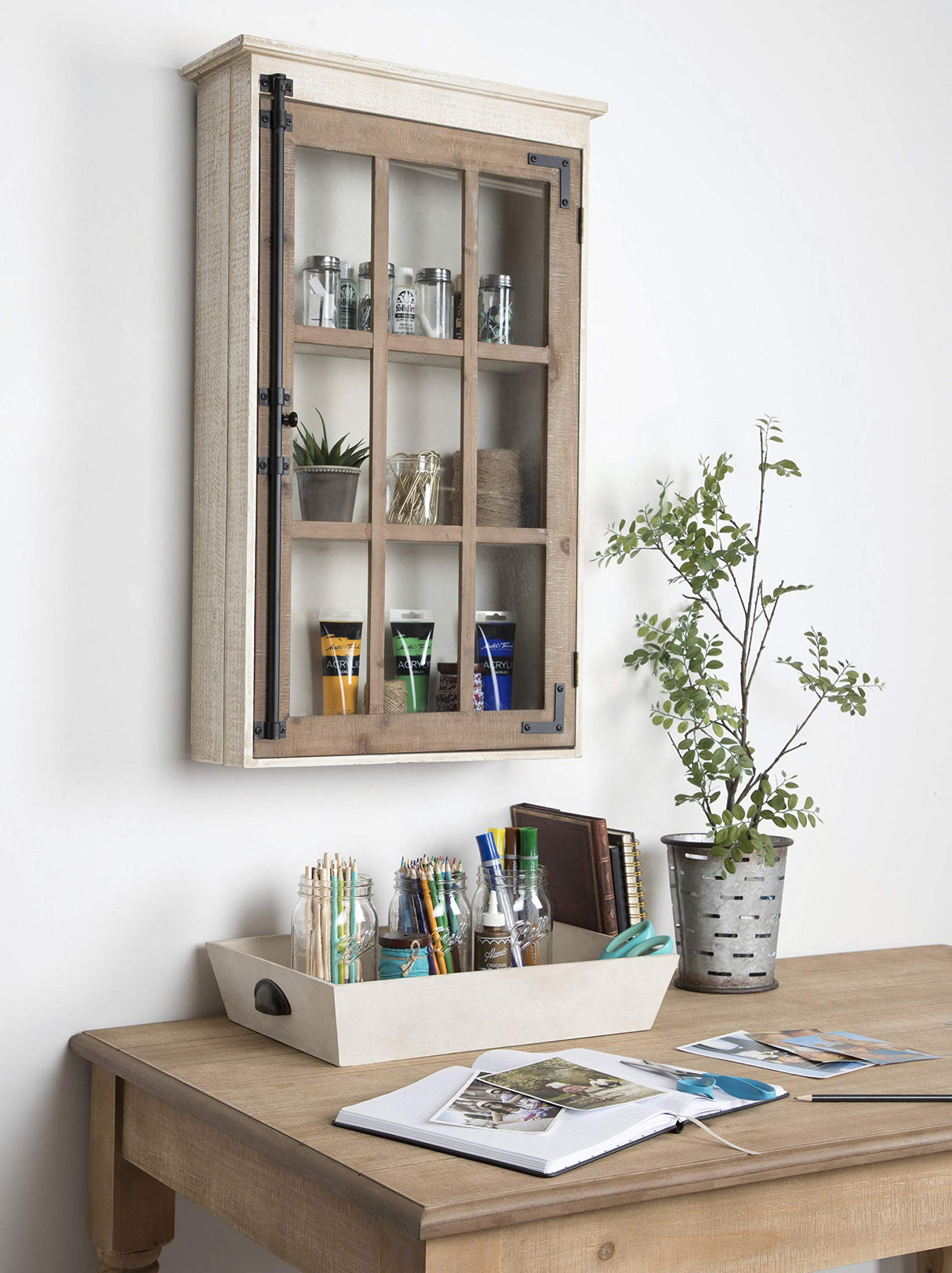 Kate and Laurel Hutchins Decorative Farmhouse Wood Wall Storage Cabinet with Window Pane Glass Door, Rustic and White Kate and Laurel