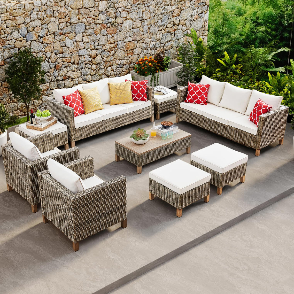 9 Pieces Patio Furniture Sets All Weather Reinforced Wicker Rattan Sectional Sofa with Metal Top Coffee Table Outdoor Furniture Conversation Set for Porch, Poolside, Garden, Backyard, Beige Summax