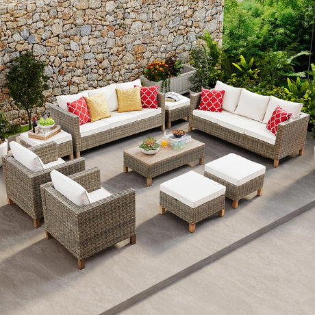 9 Pieces Patio Furniture Sets All Weather Reinforced Wicker Rattan Sectional Sofa with Metal Top Coffee Table Outdoor Furniture Conversation Set for Porch, Poolside, Garden, Backyard, Beige Summax