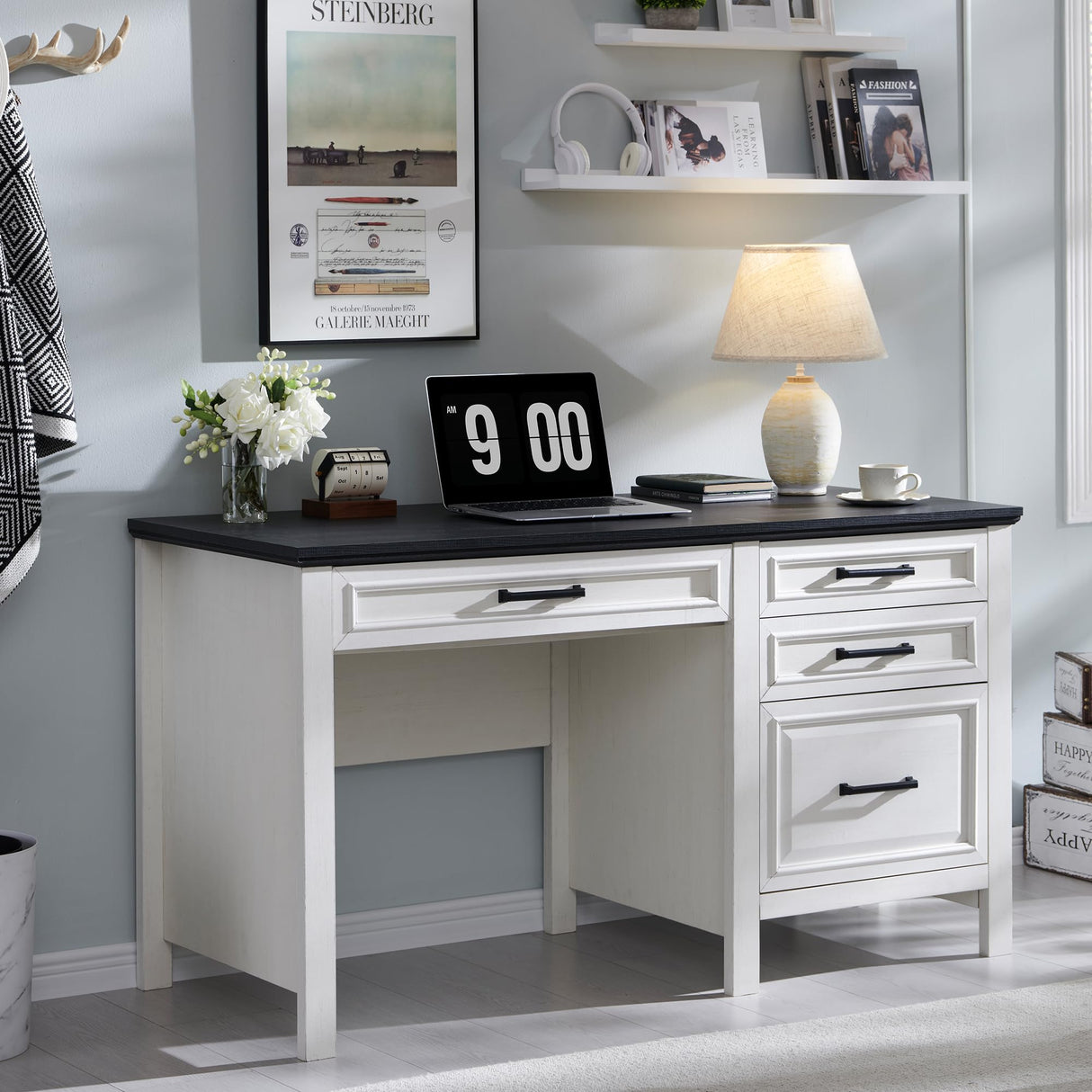 JXQTLINGMU 53INCH Home Office Desk, Modern Farmhouse Computer Desk with File Cabinet Letter T4 F4 Legal, Study Writing Desk, Off White JXQTLINGMU