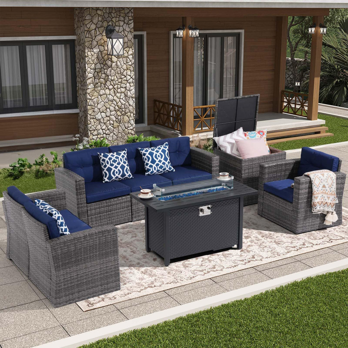Super Patio 8 Pieces Outdoor Patio Furniture Set with 45” Fire Pit Table, Rattan Patio Conversation Sets with 50000 BTU Gas Fire Pit, Sectional Sofa Set with Storage Box, Navy Blue (Without Table) Super Patio