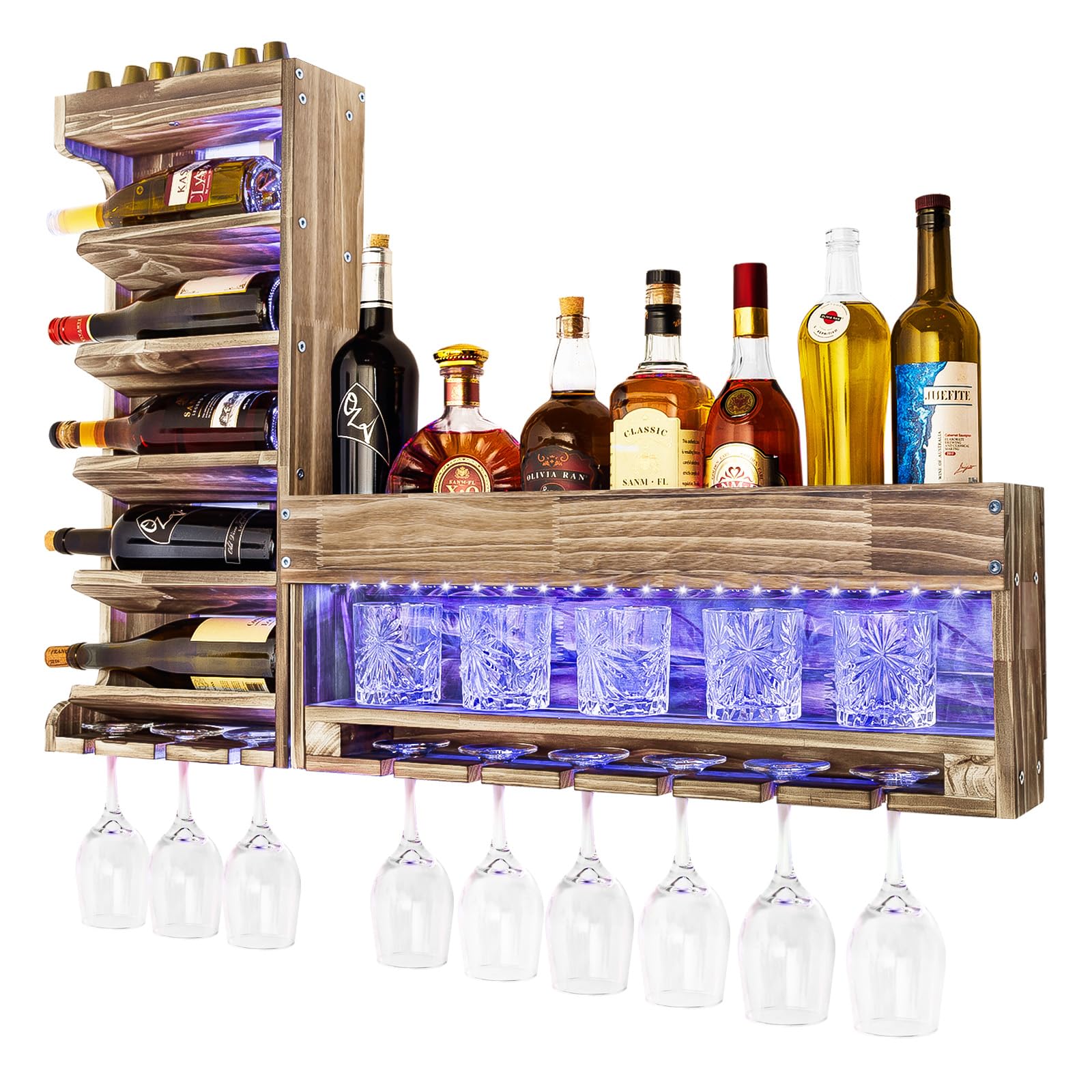 Homde Wine Rack with LED Light Wall Mounted Wood,Wine Shelf with Bottle Stemware Glass Holder Rustic, Wine Display Storage Rack with Cork Holder for Home Bar Kitchen Decor - WoodArtSupply