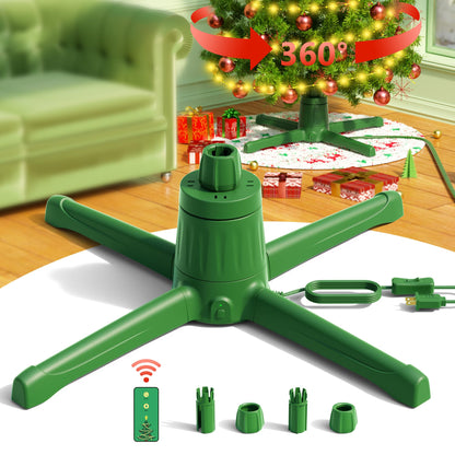 COOLWUFAN 360-Dgree Rotating Christmas Tree Stand for Up to 9ft & 120lb Artificial Trees, 4 Built-in Power Outlets Base with Remote Control, Sturdy Revolving Holder for 7.5ft Xmas Tree, Green