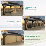 YITAHOME 12x18ft Gazebo Hardtop Canopy Outdoor Heavy Duty Double Roof w/Nettings and Curtains, Upgraded Aluminum Column Galvanized Steel Vertical Stripes Roof for Patio, Backyard, Deck, Lawns, Brown YITAHOME