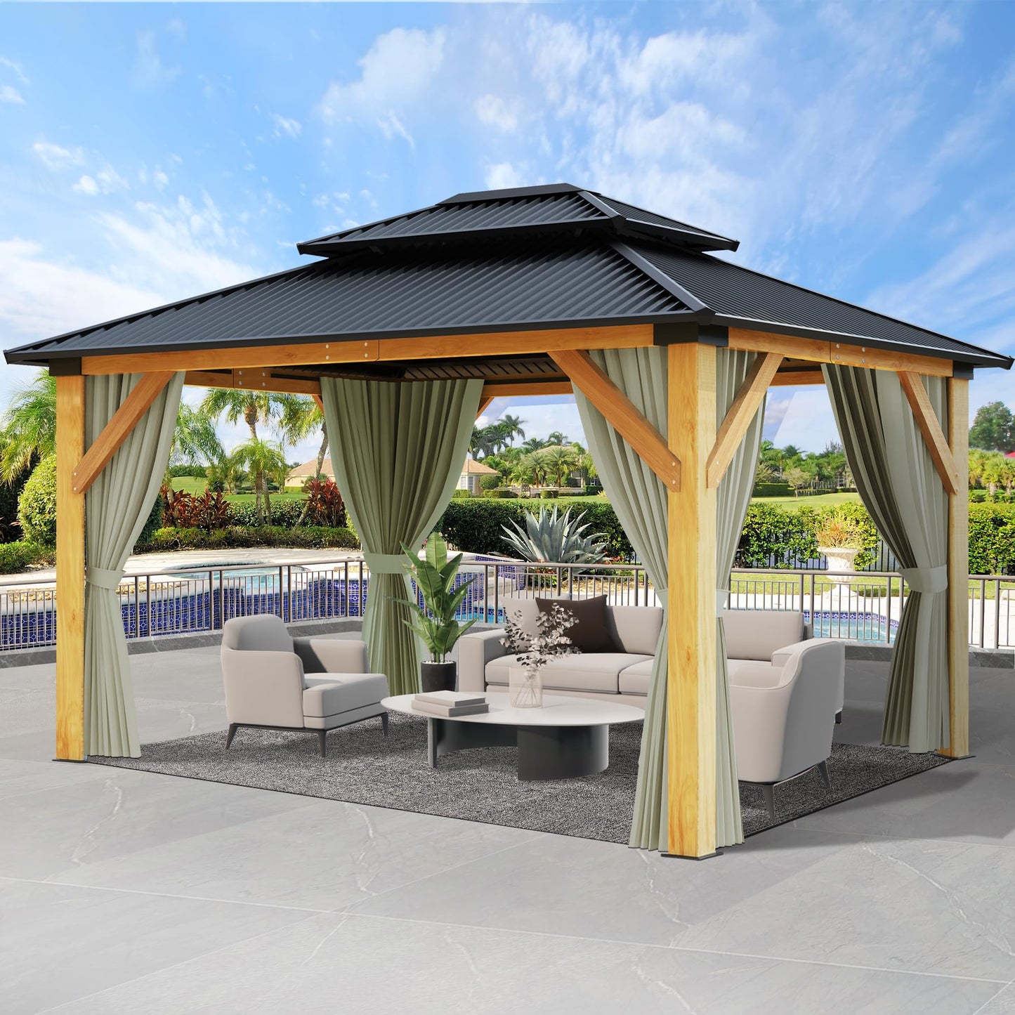 11'x13' Wood Gazebo, Hardtop Cedar Gazebo with Double Roof Galvanized Steel Top, Outdoor Solid Wooden Gazebo with Curtain & Netting for Garden, Patio, Deck, Backyard