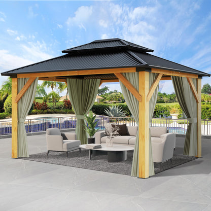 11'x13' Wood Gazebo, Hardtop Cedar Gazebo with Double Roof Galvanized Steel Top, Outdoor Solid Wooden Gazebo with Curtain & Netting for Garden, Patio, Deck, Backyard