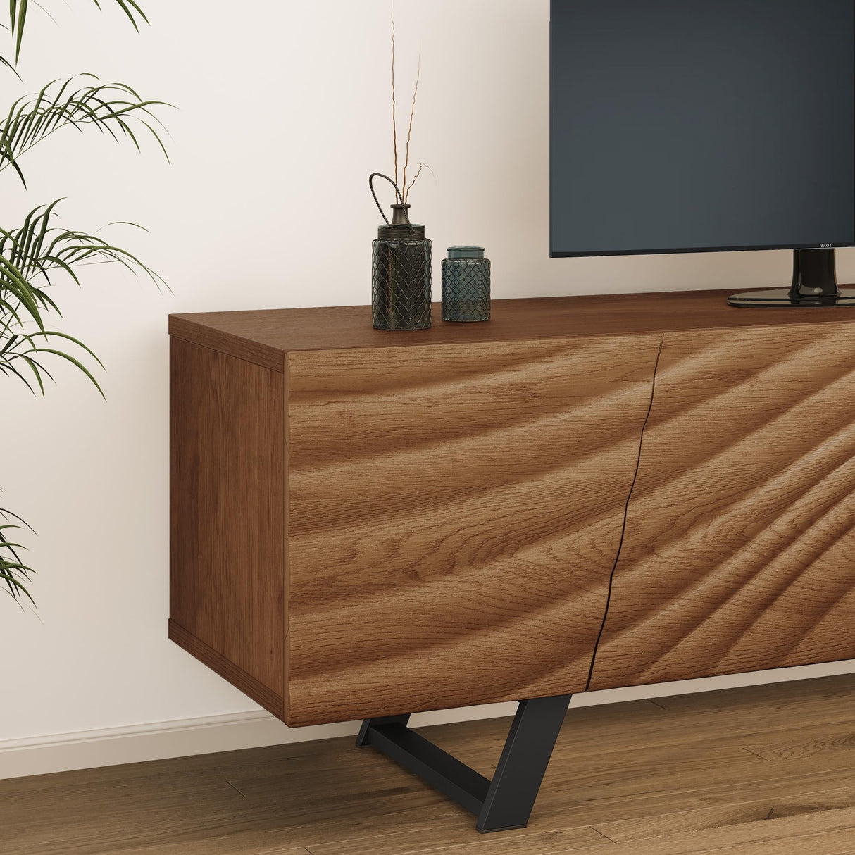 YITAHOME 63" Mid Century Modern TV Stand for TVs up to 65 inch Flat Screen Wood TV Console Media Cabinet with Storage, Walnut YITAHOME