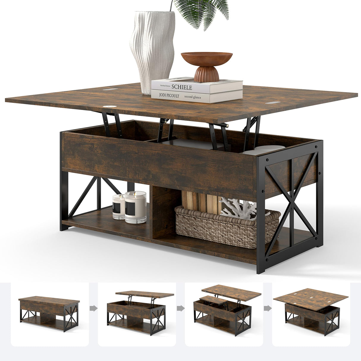 Manora Multi‑Functional Lift‑Top Coffee Table Convertible to Dining Table or Workstation for Living Room,Home Office, Compact Design with Hidden Storage, Brown Manora