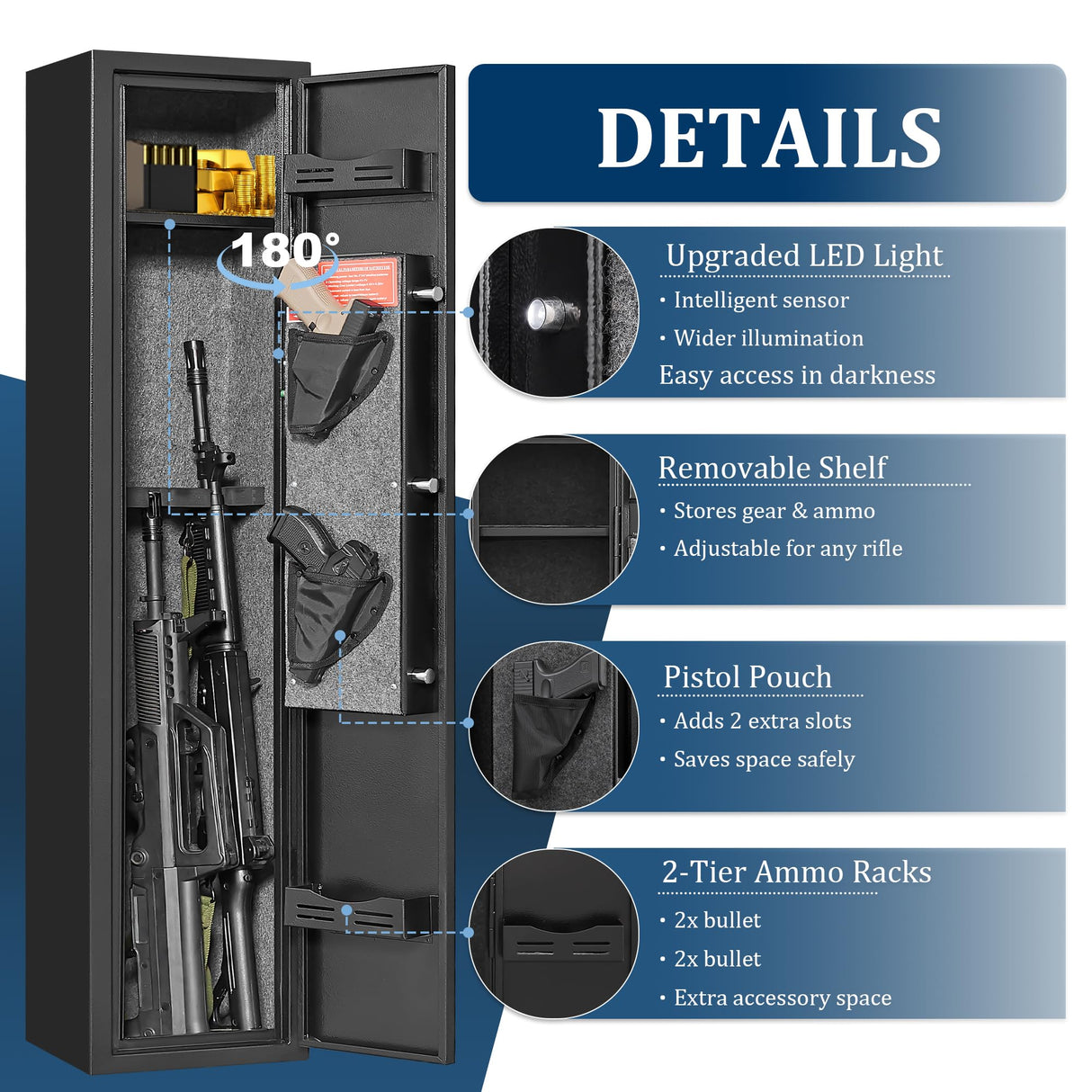 2-3 Gun Safe for Rifles & Pistols - Rifle Safe for Home, Gun Cabinet for Shotguns with Removable Shelf - Quick Access Firearm Safe, Silent Mode, Led Light - Secure Gun Locker Marcree
