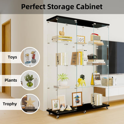 LFT HUIMEI2Y Glass Display Cabinet 12 Shelves with 3 Columns and Lock, Extra Large DIY Curio Cabinets Quick-Install Style Tempered Glass Floor Standing Bookshelf for Living Room, Bedroom, Black