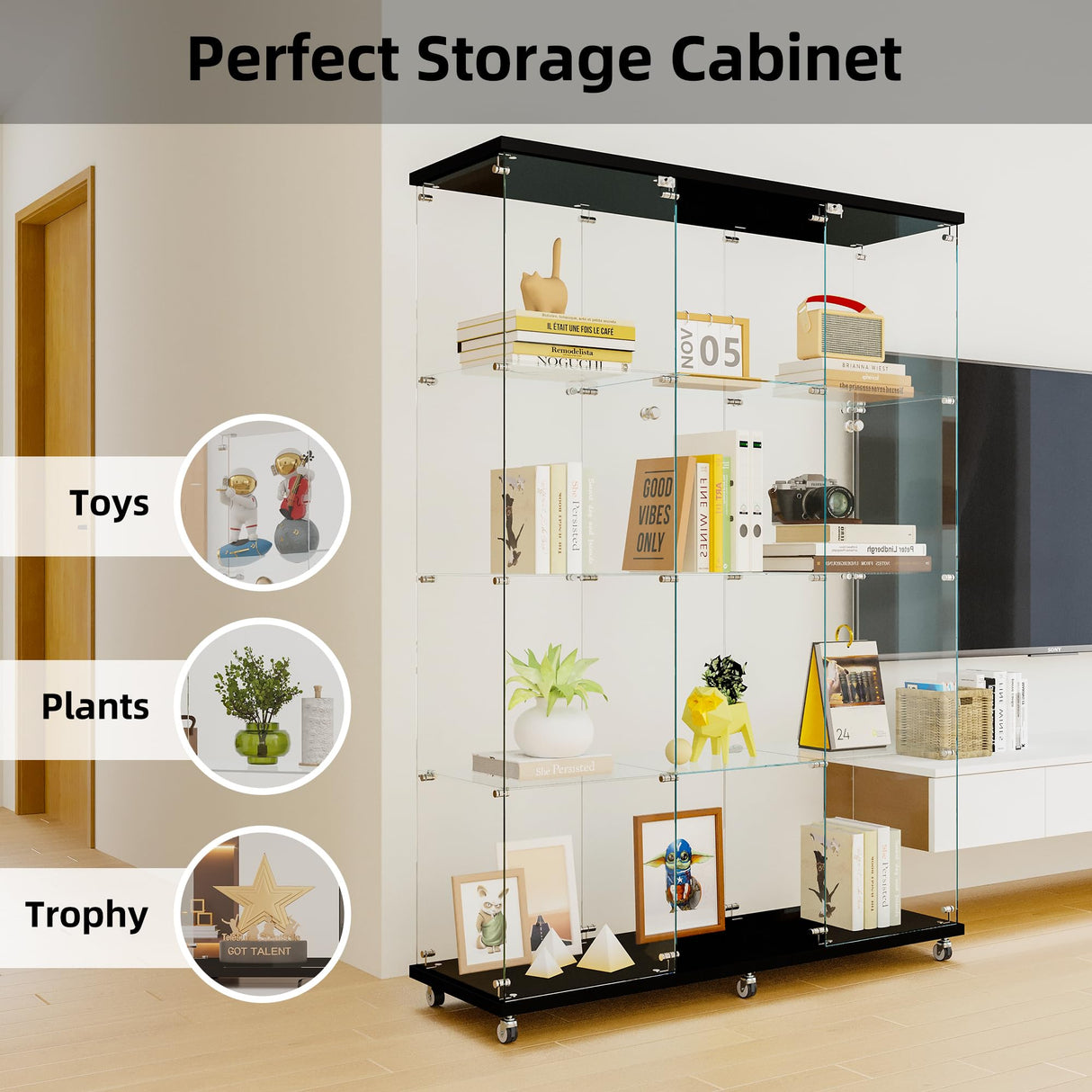YiaFurio Lass Display Cabinet with 2 Glass Door,3 Column Curio Glass Display Cabinet Floor Standing Display Case with Locks for Living Room Office,Brdroom,Glass Cabinet Display Case for Model/Toys YiaFurio