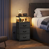 WLIVE LED Nightstand with Charging Station, Night Stand with 3 Fabric Drawers and Storage Shelf, Small Dresser for Small Space, 31.9" H Bedside Table for Bedroom, Charcoal Black Wood Grain Print WLIVE