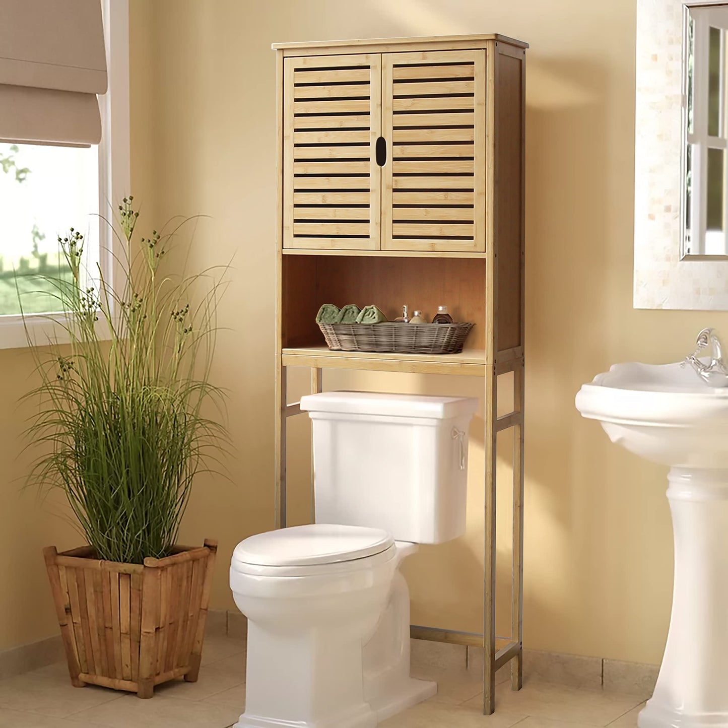 VEIKOUS Bamboo Over The Toilet Storage Cabinet, Bathroom Space Saver, Over The Toilet Rack with Adjustable Shelf, Natural Color - WoodArtSupply