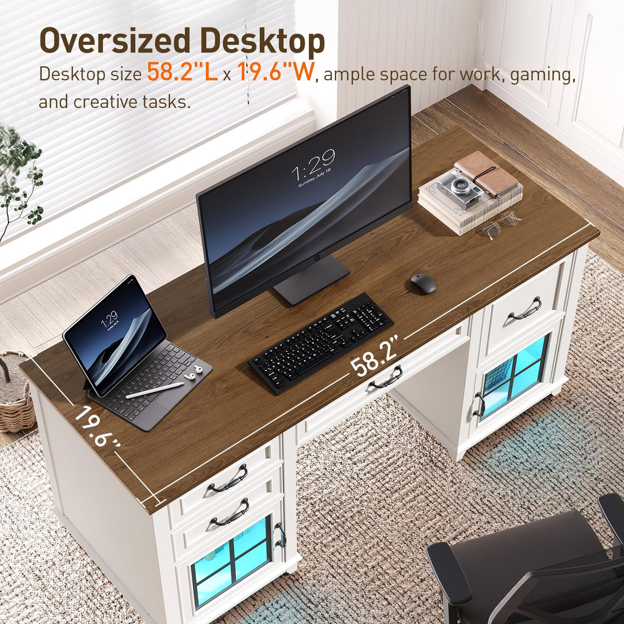 RALGEND 58" Farmhouse Executive Desk with Drawers, Wooden Home Office Desk with Power Outlet & LED Light, Computer Desk with File Drawer and Cabinet, Workspace for Study, White and Walnut RALGEND