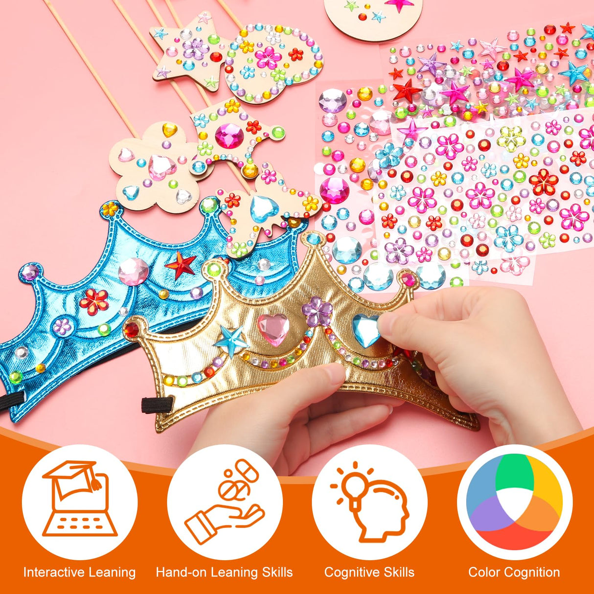 Hoedia 24+37Pcs Foam Crowns Set, Princess Tiaras and Foam DIY Crowns for Kids to Decorate for Birthday Party Crowns Favors with 24 Foam Crowns, 24 Wooden Wands, 12 Rhinestone Stickers,1 Silk Ribbon Hoedia